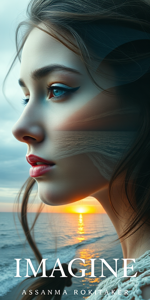 imagine Book cover, A surreal double exposure portrait that blends a woman's face with a beautiful seascape. The overall mood is dreamy and mystical, with rich colors and intricate details