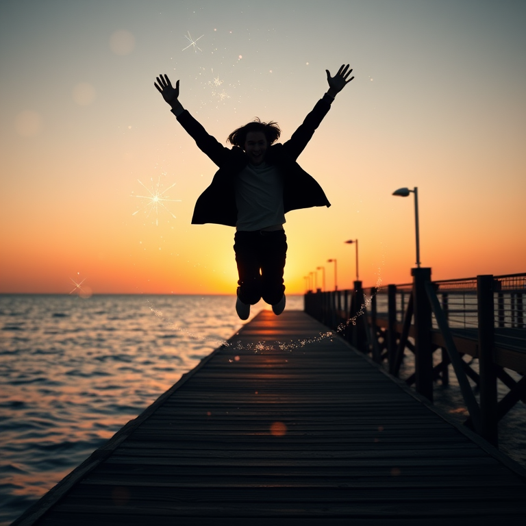 Create a silhouette of a person jumping joyfully on a wooden pier at sunrise, with a dreamy swirl of lights and sparkles around them, captured with a DSLR camera at f/2.8, ISO 100, shutter speed 1/1000s, wide-angle lens, 24mm view, soft focus background.