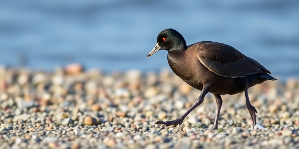 capture a close-up of a coot walking along a gravel shoreline, natural lighting, shallow depth of field, 85mm lens, f/2.8 aperture, ISO 200, 1/200 second shutter speed, focus on the bird with a blurred background