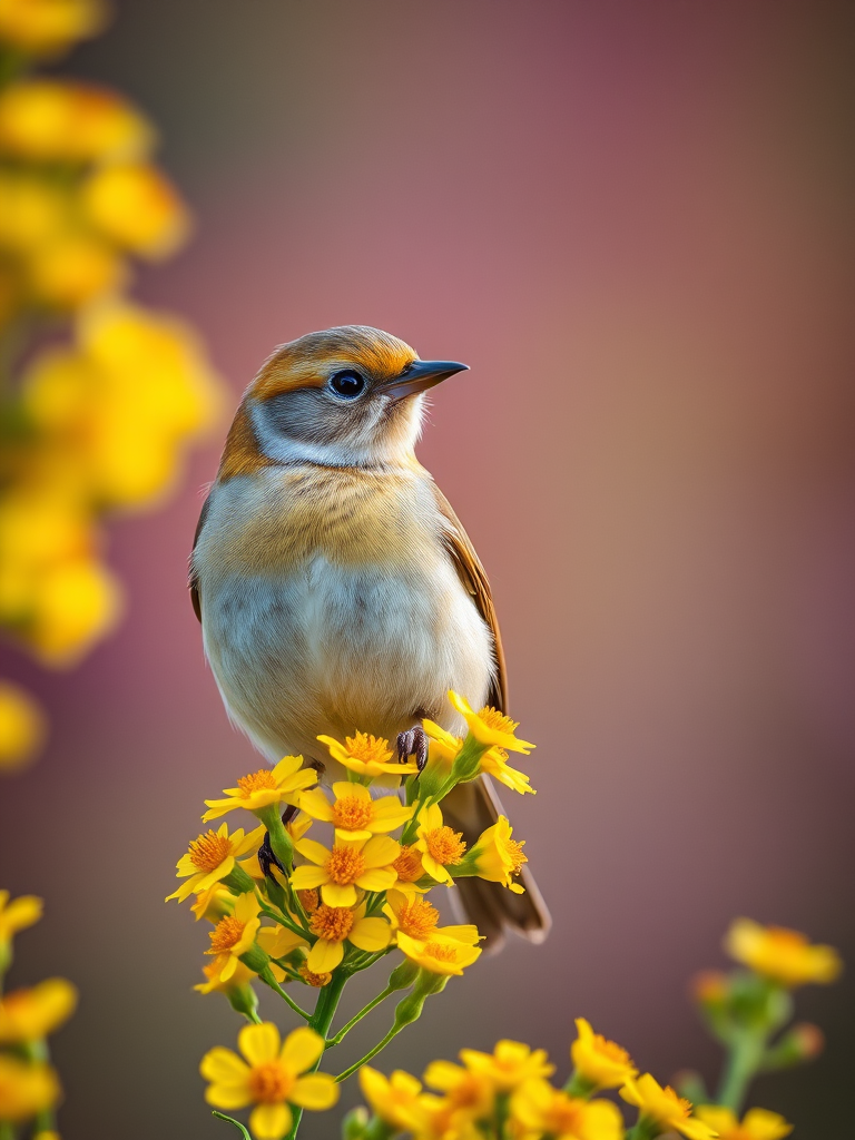 a close-up shot of a bird perched on vibrant yellow flowers, shallow depth of field, soft natural light, ISO 100, f/2.8, 1/200s, taken with a DSLR camera with a 50mm lens, capturing rich colors and fine details in the background.