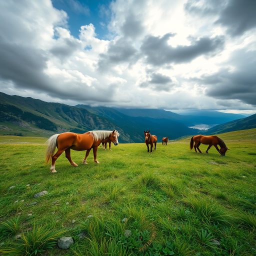 capture a wide-angle view of horses grazing on a mountain meadow under a dramatic cloudy sky use a DSLR camera with a 50mm lens aperture set to f/5.6 ISO 200 shutter speed 1/400s for sharp detail and vibrant colors