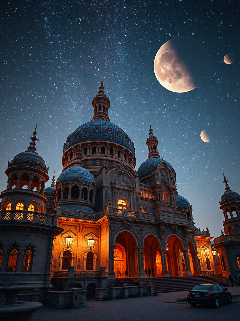 Create a high-resolution fantasy landscape of an ornate palace with intricate architecture under a starry night sky filled with planets, shot with a Canon EOS R5, aperture f/1.8, ISO 100, 24mm lens, in a wide-angle view with soft ambient lighting.