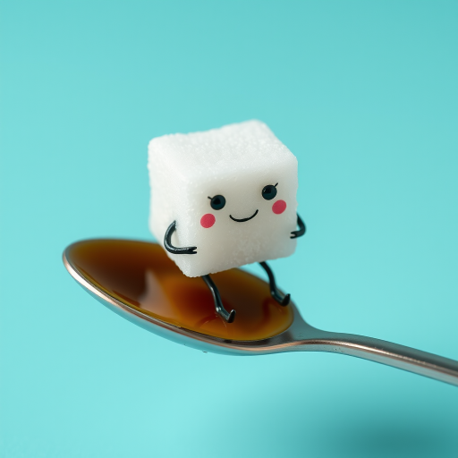A sugar cube with a face and legs, sitting on a spoon and sipping a tiny cup of coffee.