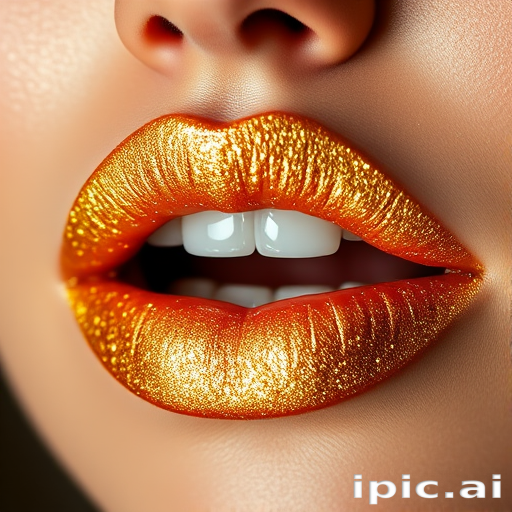 Glittery golden lips with a sparkling finish, called "Midas Touch," featuring ultra-fine shimmer particles and a luxurious, party-ready look
