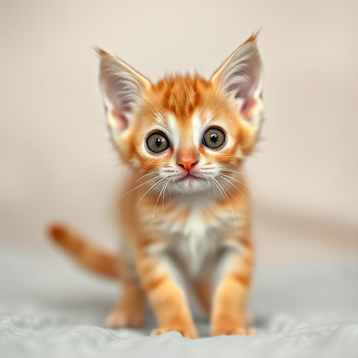 Create an image of a small orange kitten with big expressive eyes standing upright on a soft surface looking curiously at the viewer