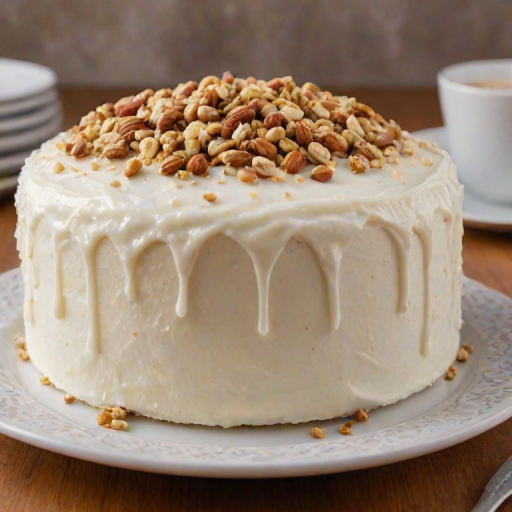 Generate an image of a round cake with smooth white frosting. The frosting is decorated with a light sprinkle of crushed nuts on top. The cake is placed on a decorative plate, and the background is softly blurred to emphasize the cake.