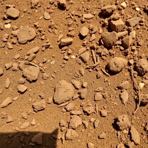 Regenerate an image of uneven, textured soil with varying shades of brown and tan, captured with a DSLR camera, 50mm lens, f/2.8 aperture, ISO 200, natural lighting, shallow depth of field, and a slight upward angle for depth.