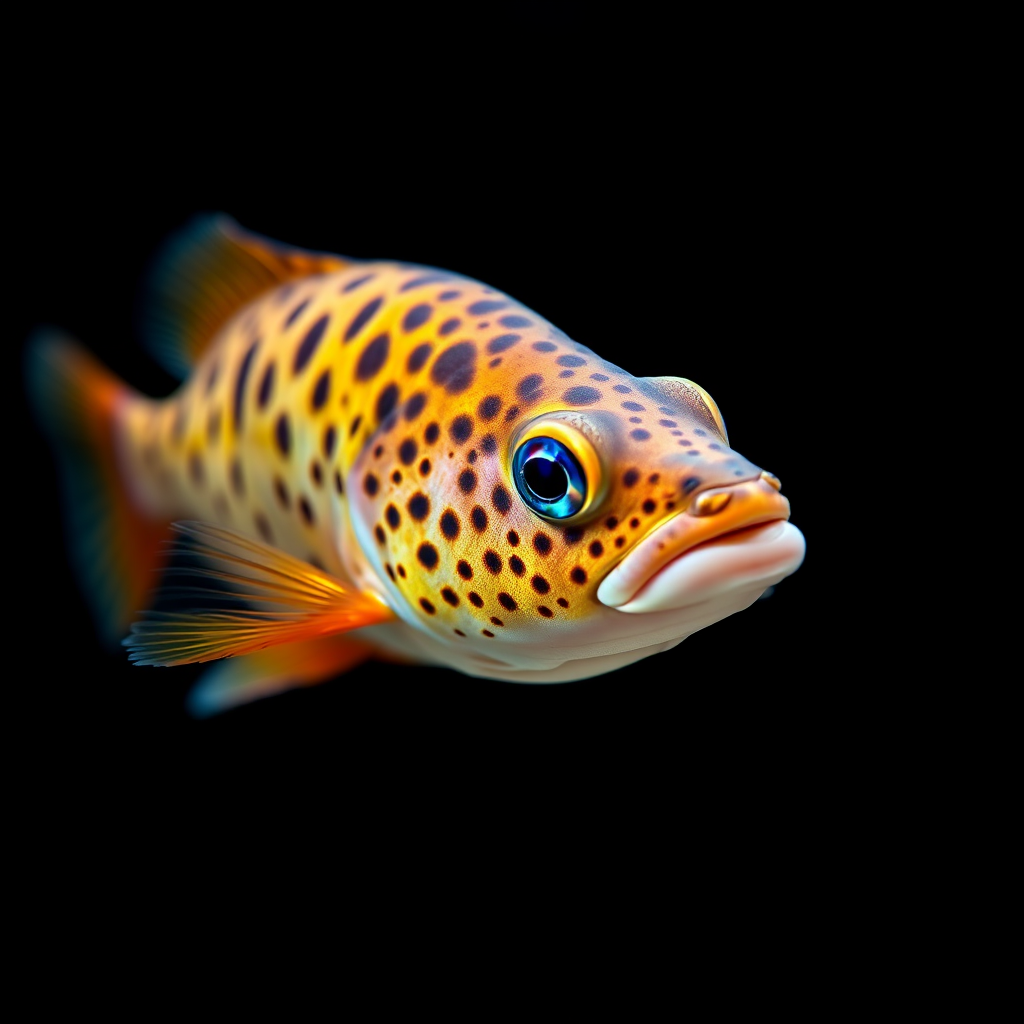 capture a close-up of a vibrant, spotted fish with striking blue eyes swimming against a dark gradient background, using a Canon EOS R5 camera, 50mm lens, f/2.8 aperture, ISO 200, with a macro photography style and soft lighting to enhance color vibrancy and detail
