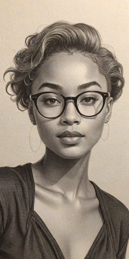 Stunning Tati Gabrielle, pencil sketch, portrait of Enticing woman 1953s in glasses, hair style beatnik, outline, clear lines, fine lines, 8k