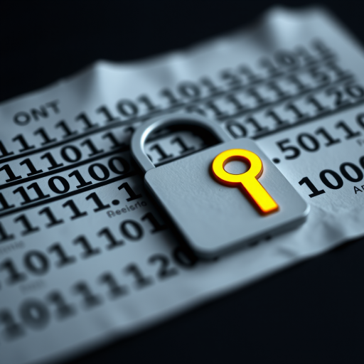 generate an image of a digital key on a piece of paper featuring binary code in black and gray shades, with a bright yellow key icon at the top, use a high-resolution style, with a 50mm lens, f/2.8 aperture, ISO 100, soft lighting for clarity and focus.