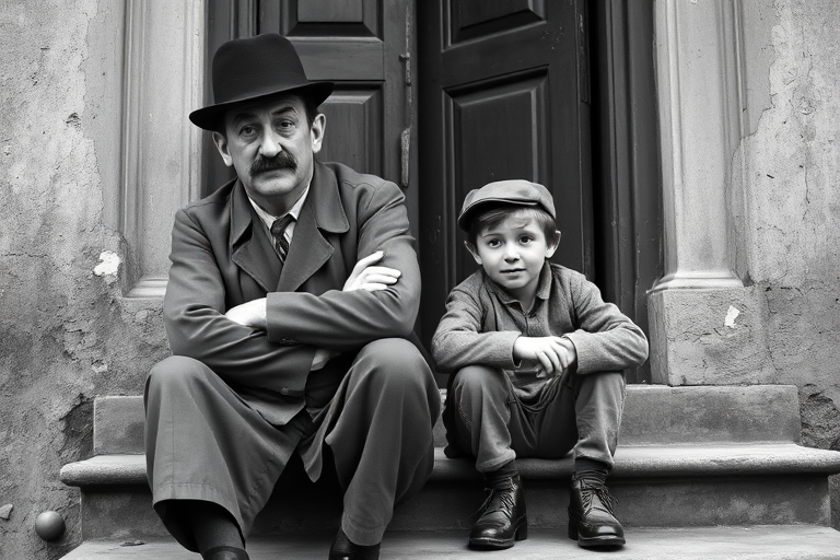 A black-and-white photograph of a man and a child sitting on steps in front of a doorway. The man is dressed as a tramp with a bowler hat, mustache, and ragged clothes, reminiscent of Charlie Chaplin's iconic look. He is sitting with his arms crossed and an expression of slight sadness or frustration. Next to him is a young boy, also in worn clothes and a cap, sitting with his hands clasped, looking thoughtful. The background is an old, textured wall and a partially open door, creating a vintage, early 20th-century atmosphere.