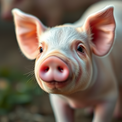 Close-up of a cute piglet with soft lighting and a blurred background, shot with a Canon EOS R5, 85mm f/1.2 lens, ISO 100, aperture f/1.2, shutter speed 1/250s, natural light with a shallow depth of field.
