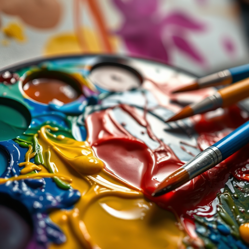 Close-up of a colorful art palette smeared with vibrant oil paints, soft light reflecting off the glossy textures, with brushes and a canvas blurred in the background.