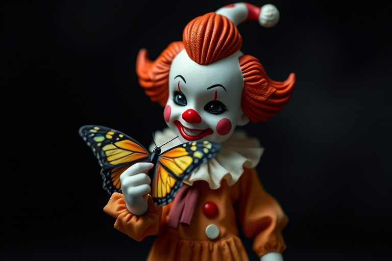 Regenerate a clown figurine holding a butterfly, 50mm lens, f/2.8 aperture, ISO 100, soft studio lighting, shallow depth of field, professional quality, centered composition.