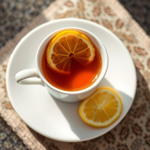 Create a high-resolution image of a white cup filled with tea and a slice of lemon on a white saucer, using a Canon EOS 5D Mark IV, with an aperture of f/2.8, shutter speed 1/200s, ISO 100, focused from a top-down view, in natural light, emphasizing texture and detail.