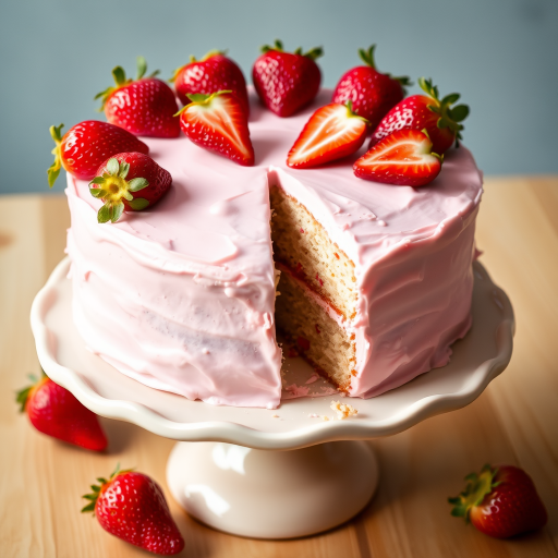 A beautifully frosted pink strawberry cake with fresh strawberry slices on top displayed on a light-colored cake stand, with a slice cut out to reveal the moist cake inside.