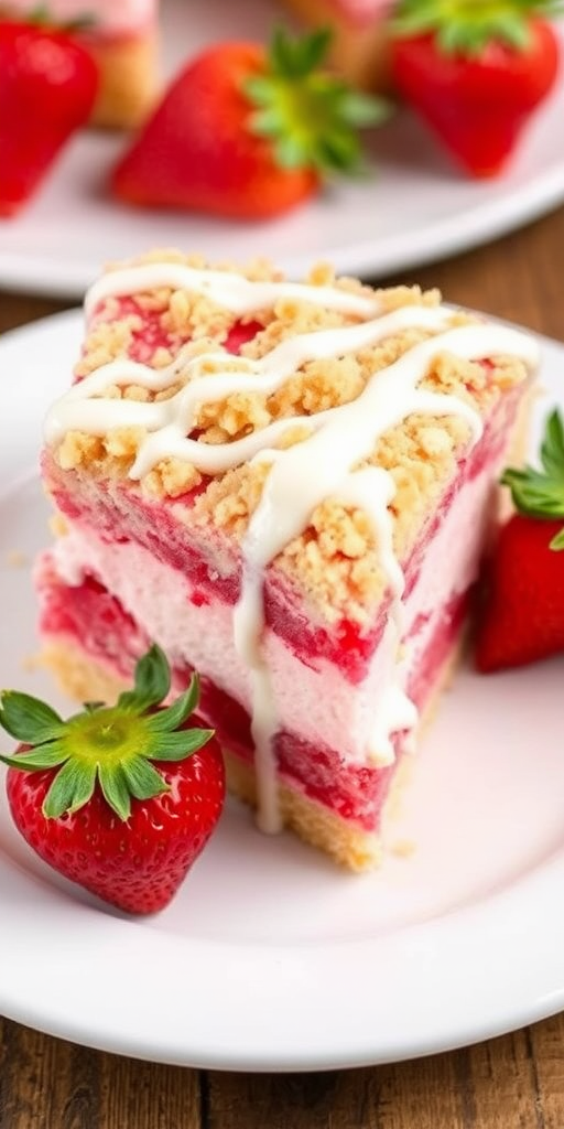 A slice of strawberry cream cake topped with crumble and drizzled with white icing served on a white plate with a fresh strawberry beside it.
