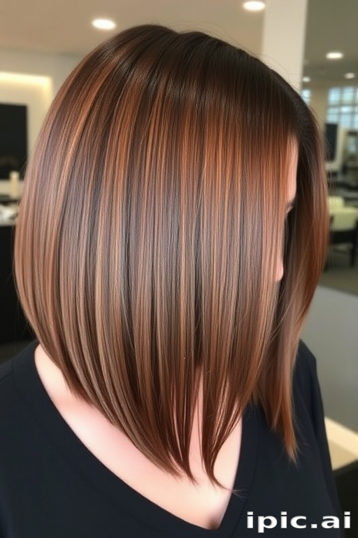 Luxurious chestnut brown hair in a sleek inverted bob, crafted by Coco Mahogany, exhibiting a mirror-like shine and subtle cinnamon-toned balayage for added dimension