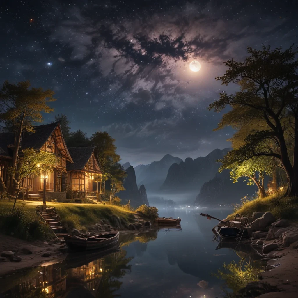 Serene Night at a Tranquil Lakeside Cabin Under a Full Moon