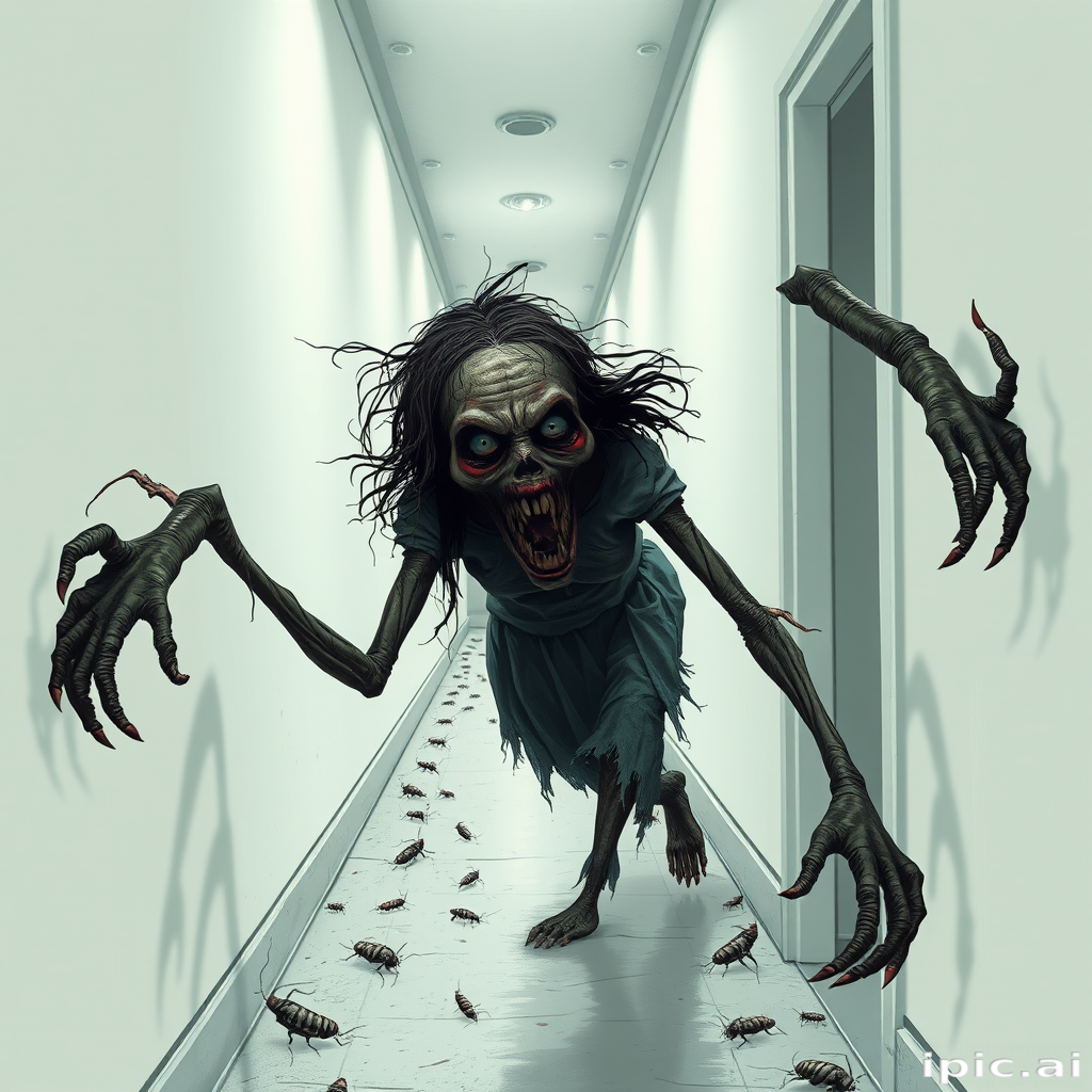 a crooked woman with long arms and a creepy smile is crawling along a long white corridor and you can also see cockroaches in it there is a creepy atmosphere creepy art style