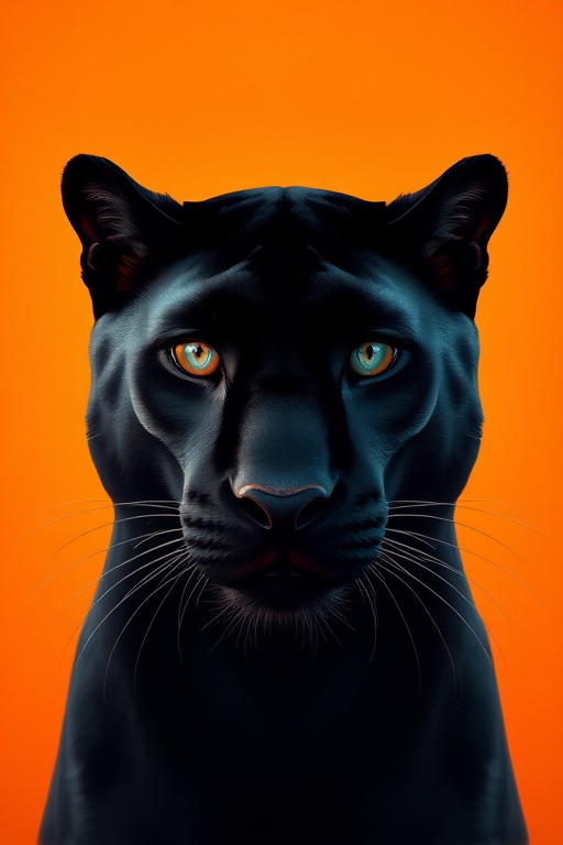 Create a high-definition vector illustration of a sleek black panther's face against a warm orange gradient background, using a Canon EOS R5, 50mm lens, f/1.8 aperture, ISO 100, and a shallow depth of field to enhance detail and contrast.