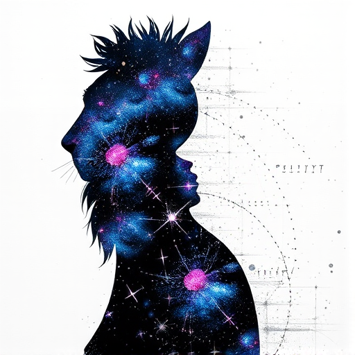 Captivating conceptual render alcohol ink art, double exposure, the paint strokes artfully merge combining a woman's full silhouette with a Humble hare's silhouette. The figures are composed of a series of colored dots, lines & spots that evoke the image of a cosmic galaxy, colors are deep shades of blue purple & black with flashes of white & silver representing distant stars. The woman's silhouette is formed within the lion's silhouette from constellations of scattered stars, surreal