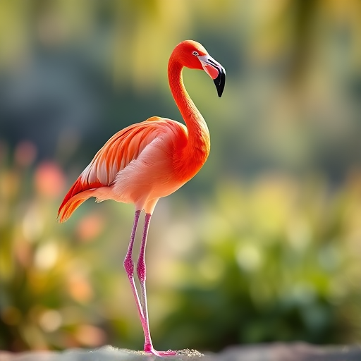 Create a vibrant illustration of a flamingo standing on one leg, captured with a DSLR camera at f/4 aperture, ISO 200, 50mm lens, in natural lighting with a shallow depth of field to focus on the bird against a blurred background.