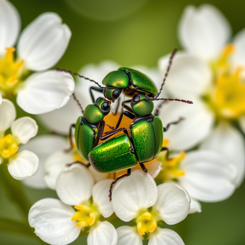 close-up shot of two green beetles mating on white flowers, natural light, f/4 aperture, ISO 100, 1/200 sec shutter speed, macro lens, Canon DSLR, vivid colors, high detail