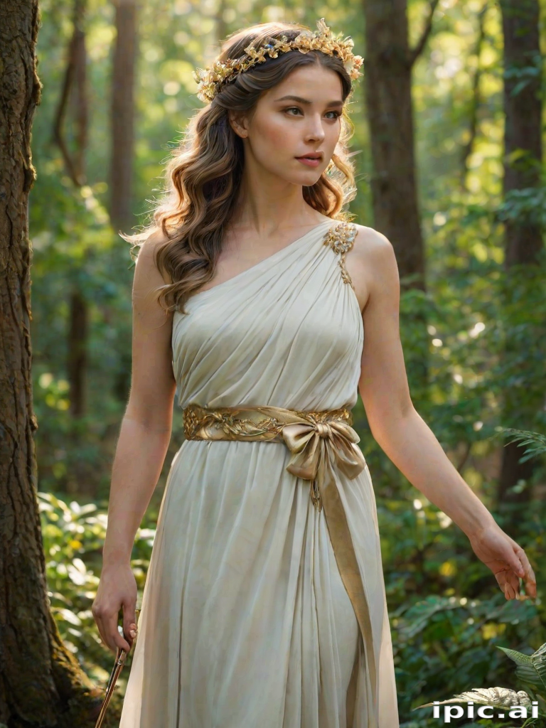 Create a portrait of a goddess-like female figure in a tranquil, forested environment. She has an elegant appearance with long, wavy hair styled in an updo and adorned with a delicate, floral headband. She wears a flowing, ancient Greek-inspired gown in a soft, pale color, featuring a one-shoulder design and draped fabric that accentuates her graceful form. The outfit includes a decorative belt with ornate gold detailing, and she holds a bow in her hand, with a quiver of arrows slung over her shoulder. The background depicts lush greenery, with sunlight filtering through the trees, casting a gentle, ethereal light on the scene. Her expression is calm and contemplative, embodying a sense of wisdom and serenity.