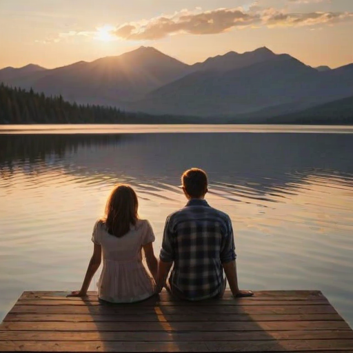 Warmly lit image of a couple sitting on a dock at sunset, their feet dangling over the water, soft glow from the setting sun reflecting off the lake, distant mountains silhouetted against the sky, a peaceful breeze gently rippling the water.