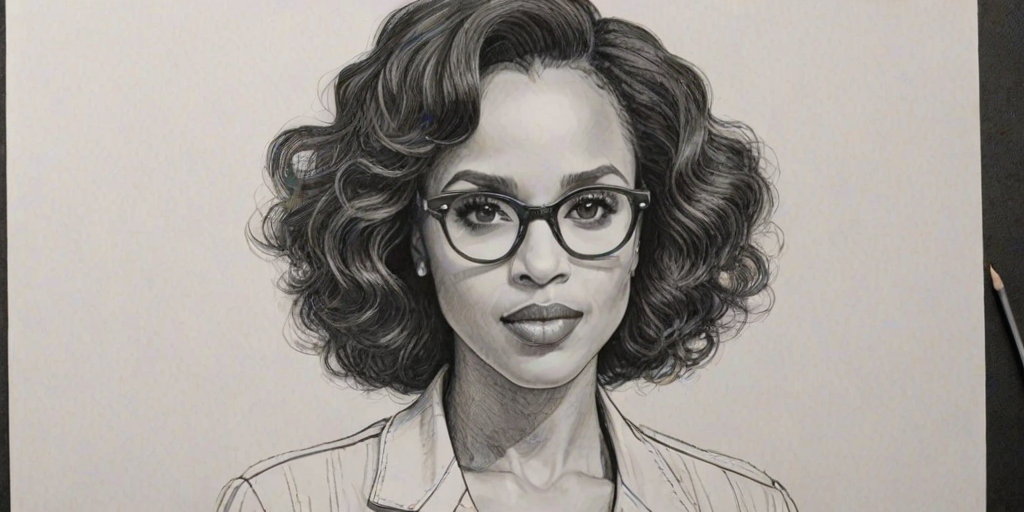 Splendid Kerry Washington, pencil sketch, portrait of Delightful woman 1977s in glasses, hair style beatnik, outline, clear lines, fine lines, 8k