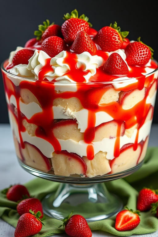 Create an image of a large trifle dessert in a glass bowl featuring layers of fluffy vanilla cake, fresh strawberries, whipped cream, and strawberry sauce garnished with whole strawberries on top with a green cloth and scattered strawberries around the base.