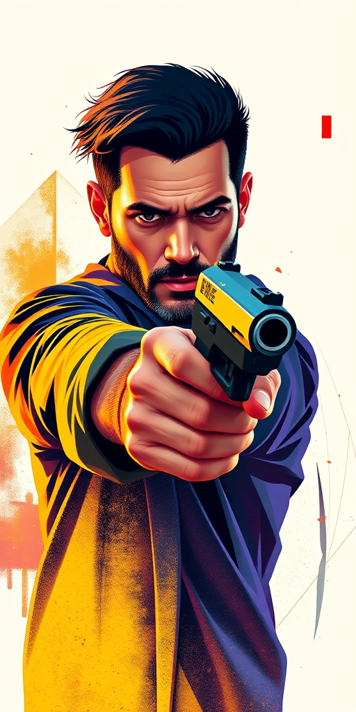 Create a high-resolution digital illustration of a man holding a handgun with a focused expression, in a vibrant geometric background, shot with a 50mm lens at f/1.8, ISO 100, using a mirrorless camera with a cinematic style.