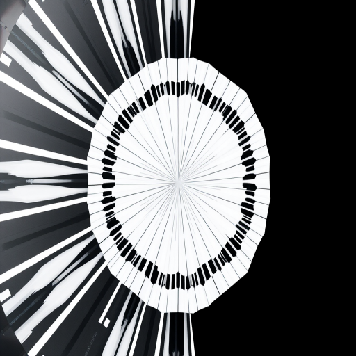 Generate an abstract black and white geometric pattern with high contrast and sharp lines, using a DSLR camera with a 50mm lens, aperture set to f/1.8, ISO 200, and shot from a top-down view in soft natural lighting.