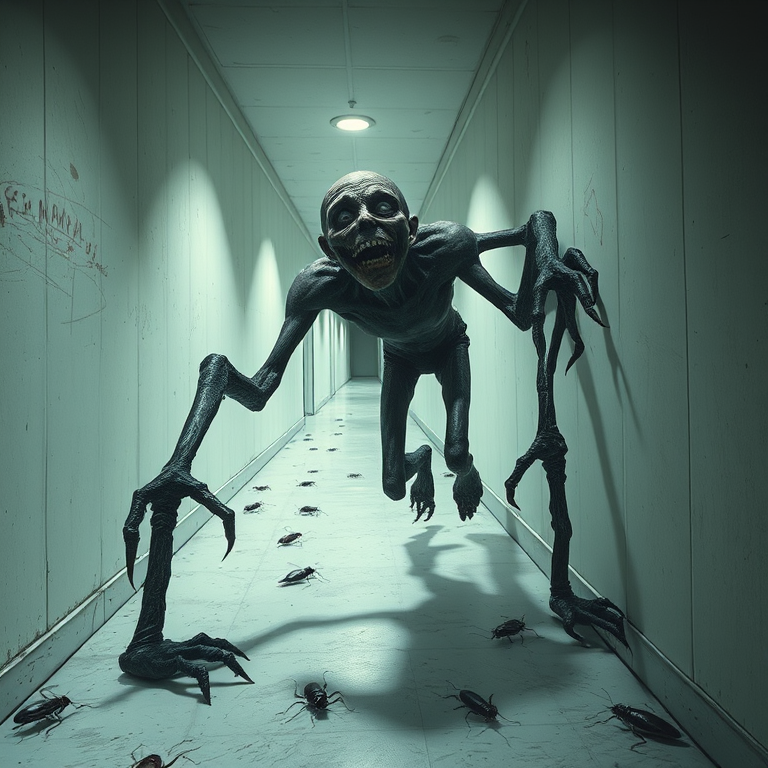 a crooked male with long arms and a creepy smile is crawling along a long white corridor and you can also see cockroaches in it there is a creepy atmosphere creepy art style