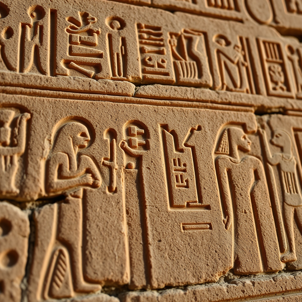 ancient Egyptian hieroglyphs and figures carved on a stone wall, captured with a DSLR camera, 50mm lens, f/4 aperture, ISO 200, natural lighting, slight overhead angle to capture depth and texture