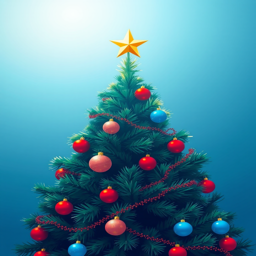 Create a vibrant illustration of a decorated Christmas tree with a star on top, colorful ornaments like red and blue balls, and a garland, shot with a DSLR camera at f/2.8 aperture, ISO 100, 50mm lens, in a bright and airy studio setting to enhance colors and sharpness.