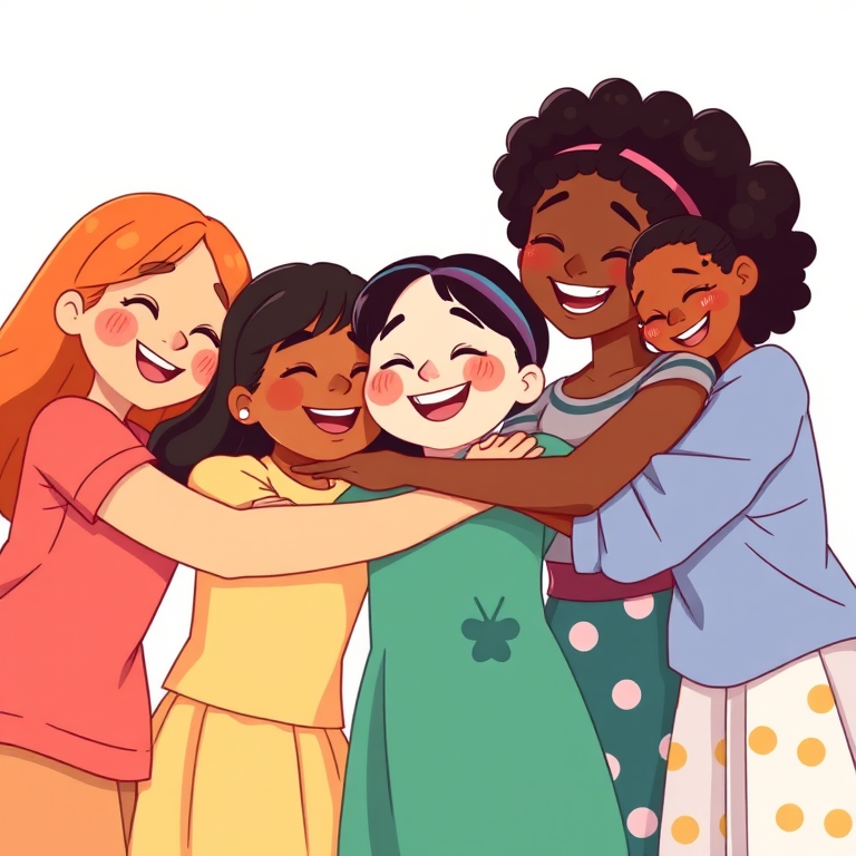 Generate a vibrant digital illustration of five diverse cartoon girls hugging each other, capturing joyful expressions with bright colors, using a Canon EOS R5 camera, f/5.6 aperture, 35mm lens, and soft lighting for enhanced image quality.