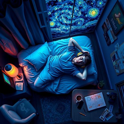 A top-down Van Gogh-style painting of a young man lying on his bed, listening to music with headphones. The room is softly lit with deep blues and purples, creating a peaceful nighttime atmosphere. The bed has a soft pillow, and the man's arms are resting behind his head. Around the bed, various glowing gadgets such as a smartphone, a laptop, and a small lamp are visible, casting a gentle light. The rest of the bedroom includes a desk with books, a chair, and a small rug on the floor. A window near the bed reveals a starry night sky with swirling stars, reminiscent of Van Gogh's 'Starry Night.' On the desk, there is a sketchbook with colorful drawings, a cup of coffee steaming gently, and a small potted plant. The walls have posters of famous paintings and a corkboard with pinned notes and photos. The scene is full of dynamic, swirling brushstrokes, capturing the essence of Van Gogh's unique style. The overall mood is serene and contemplative, with a touch of artistic inspiration.