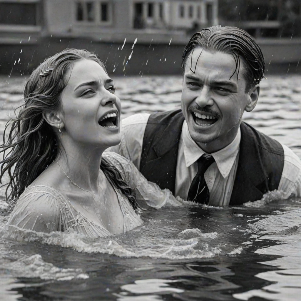 A hyperdetailed photorealistic black and white pencil sketch recreating the iconic scene at the end of Titanic with Jack and Rose floating in the water, only show them making exaggerated funny faces at the camera. Show Rose spitting water at the camera.