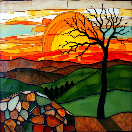 A vibrant abstract painting on Tiffany Glass, blending acrylic and alcohol ink techniques, captures a dramatic sunset over rolling hills. The artwork features a textured, rocky foreground in green and brown, layered abstract hills, and a striking sunset in rich oranges, yellows, and reds. A solitary black tree with intricate branches contrasts against the fiery sky, creating a dynamic and expressive portrayal of a breathtaking natural scene.