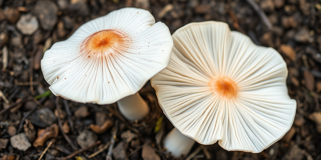 Create a high-resolution illustration of two white mushrooms with a light pink hue, using a 50mm lens at f/2.8, in natural soft lighting, capturing a top-down view with a digital SLR camera for enhanced detail and clarity.