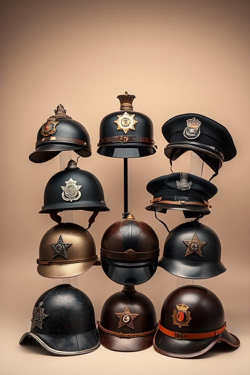 photograph of various historical police helmets arranged artistically on a neutral background, studio lighting, 50mm lens, ISO 100, f/8, shallow depth of field, high-resolution DSLR camera