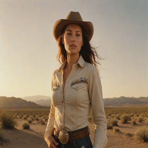 Dramatic photo of a beautiful Georgian woman, classic cowboy attire, confident and free spirit expression, half-length portrait, centered, golden hour desert landscape, warm, diffused light, low angle, medium format film camera, in style of Annie Leibovitz.