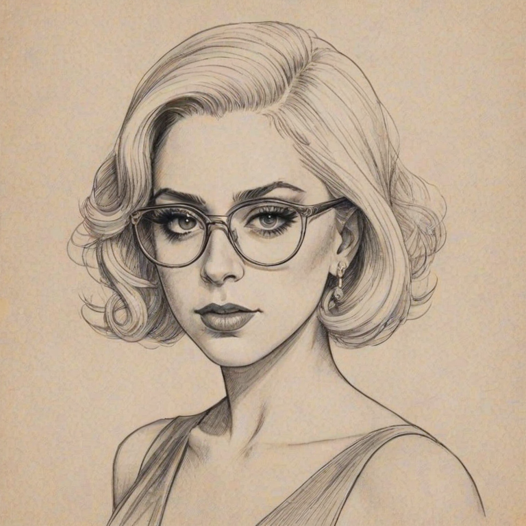 Beauteous Lady Gaga, pencil sketch, portrait of Elegant woman 1920s in glasses, hair style beatnik, outline, clear lines, fine lines, 8k