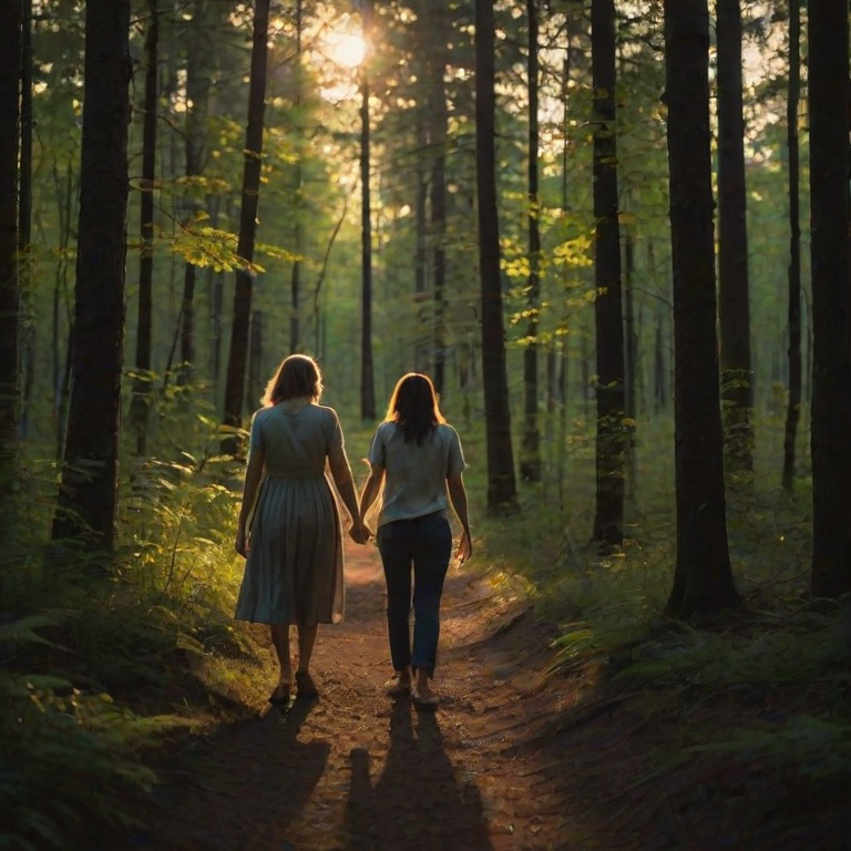 Warmly lit image of a couple walking hand-in-hand through a quiet forest at twilight, soft glow from the setting sun casting long shadows, with distant fireflies flickering in the air.