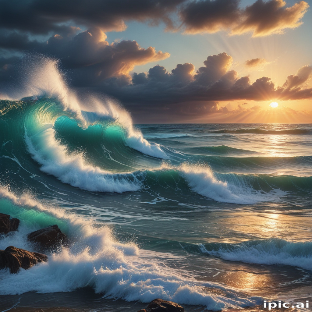 Majestic Ocean Waves Crashing Against Rocks Under a Dramatic Sunset Sky