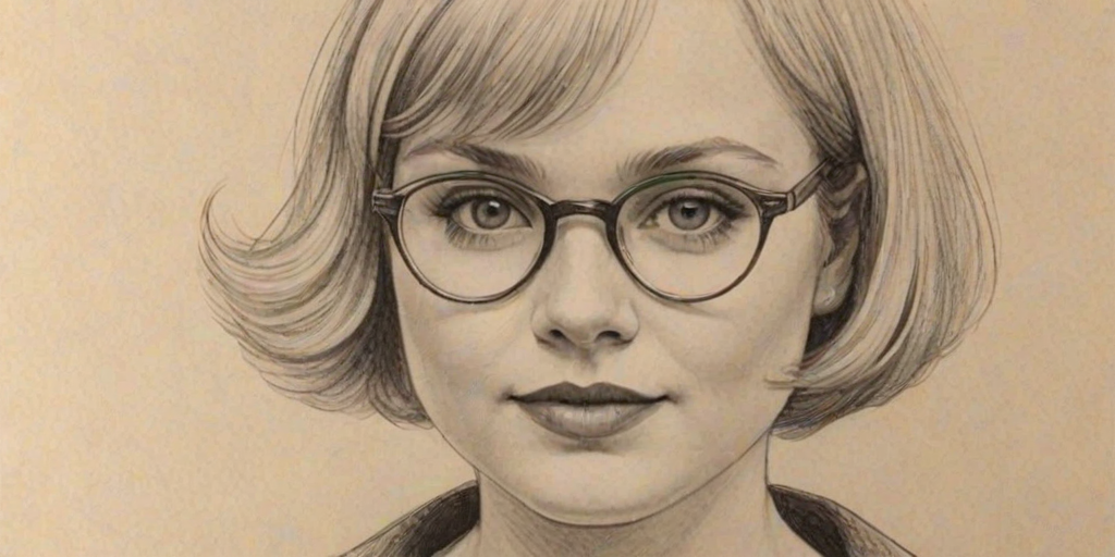 Dazzling Lauren Potter, pencil sketch, portrait of Dazzling woman 1925s in glasses, hair style beatnik, outline, clear lines, fine lines, 8k