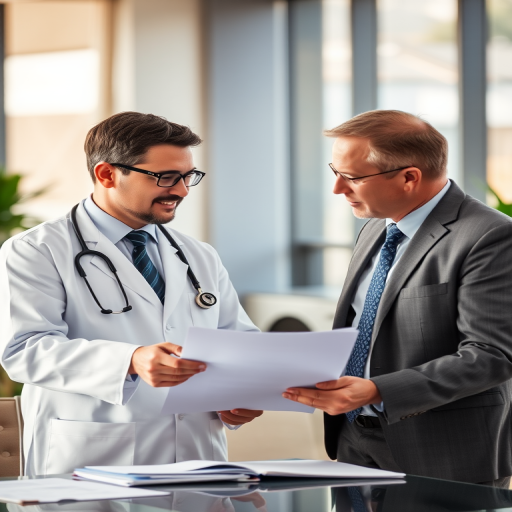 a doctor and a businessman discussing medical reports in a modern office setting, warm natural light, shallow depth of field, 50mm f/1.8 lens, ISO 200, aperture f/2.8, 1/125s shutter speed, soft focus background
