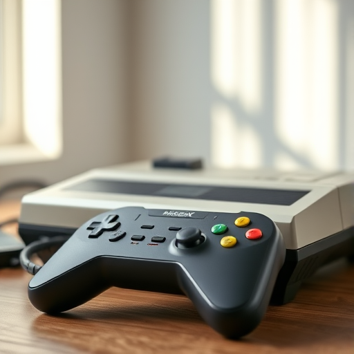 Create a high-resolution image of a retro gaming console with a controller, using a wide-angle lens at f/2.8, ISO 100, and a soft focus background, with natural lighting from the left side to enhance details and textures.